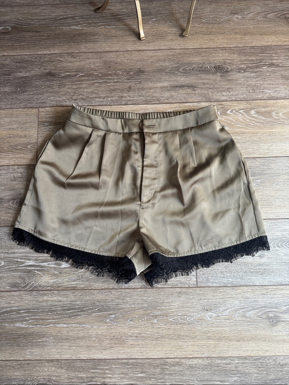 Women’s Khaki Satin Shorts with Black Lace Trim